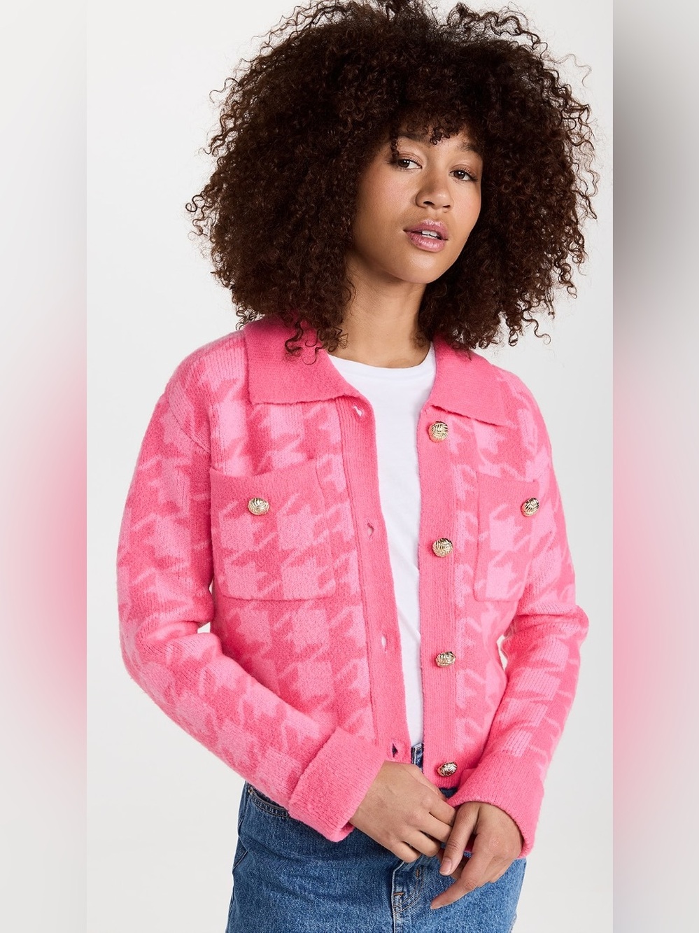 English Factory Knitted Houndstooth Cardigan in hot pink,medium